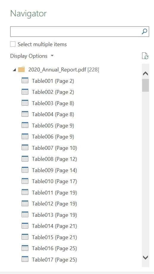 pdf to excel navigator options