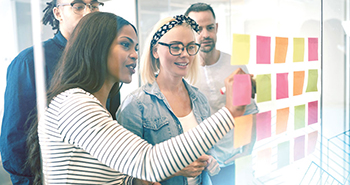 Diverse team working on a problem