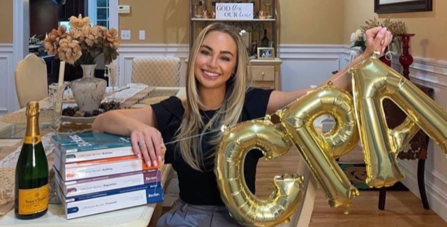 person holding cpa balloons and becker textbooks